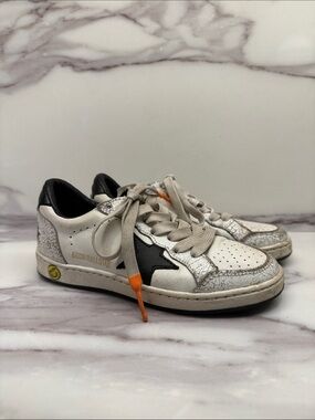 Golden Goose White Leather Low-Top Sneakers with Black Star & Orange Lace Tip
